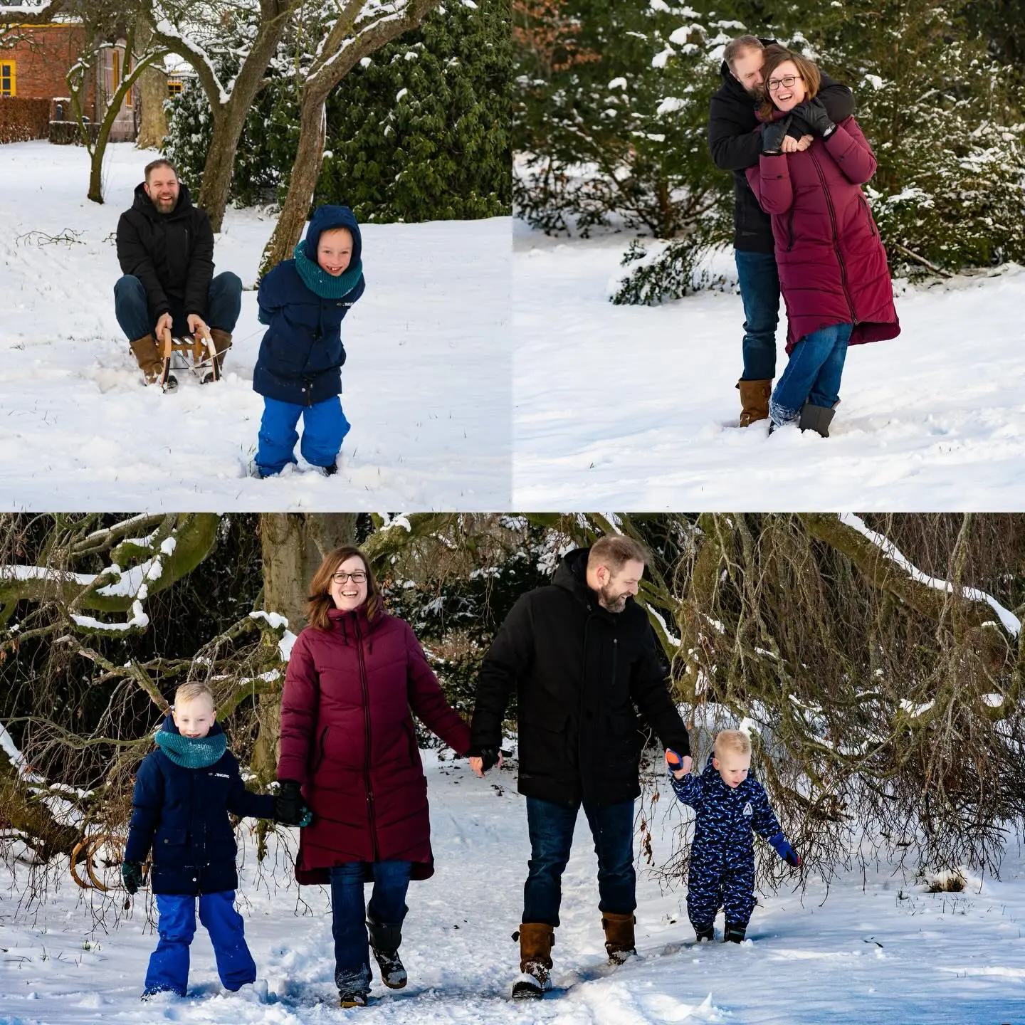 Collage van een speelse gezinsshoot in de sneeuw
